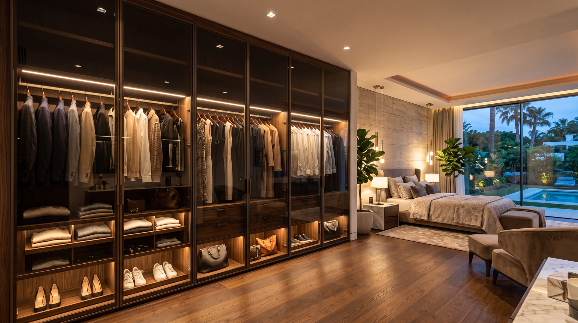 Bali Interio custom floor-to-ceiling wardrobe with integrated LED clothing rods and smoked glass doors in a luxury villa master suite