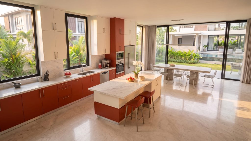 A luxury open-plan villa featuring a custom kitchen layout Bali design with a central island and duco finished cabinetry