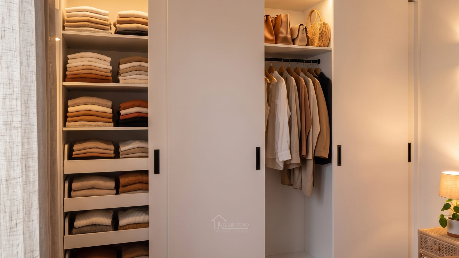 Bali Interio custom floor-to-ceiling sliding wardrobe with tinted glass and integrated LED lighting in luxury villa bedroom
