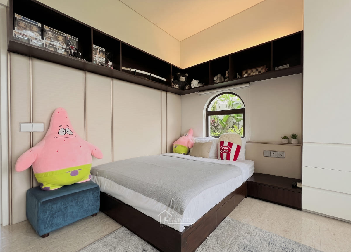Bali Interio custom space-saving platform bed with built-in storage drawers in a compact luxury villa bedroom