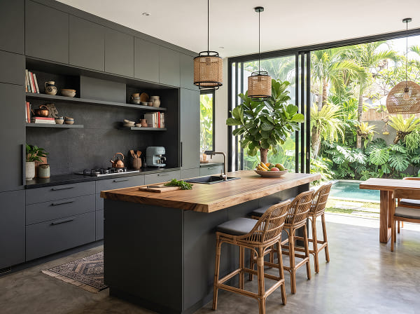 Modern tropical kitchen set in charcoal grey design by Bali Interio design team.