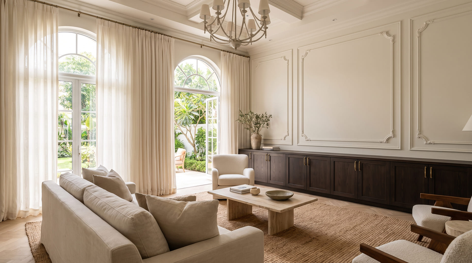Bali Interio custom villa living room featuring floor-to-ceiling linen drapery, solid brass cabinet pulls, and architectural wall moldings